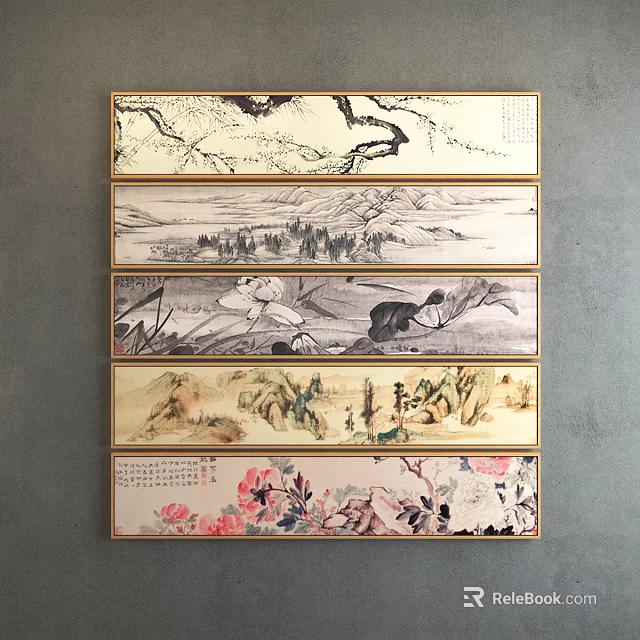 Multiple Landscape Paintings With Golden Frames Various Styles Mountain And Water 3d model