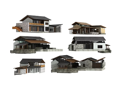 Diverse Residential House Models With Stone Wood Exteriors And Sloped Roof Designs 3d model