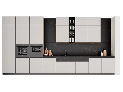 Modern Kitchen Interior With White Cabinets Black Countertop And Built In Ovens 3d model