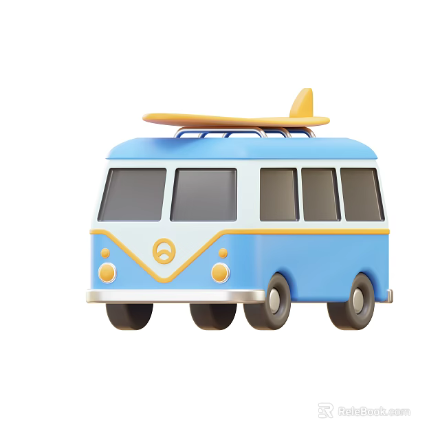 Blue Vintage Bus With Yellow Surfboard On Roof And Classic Exterior Details 3d model 