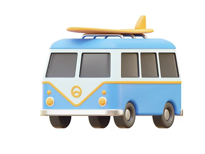 Blue Vintage Bus With Yellow Surfboard On Roof And Classic Exterior Details 3d model