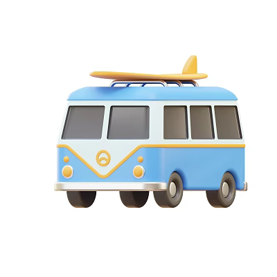 Blue Vintage Bus With Yellow Surfboard On Roof And Classic Exterior Details 3d model