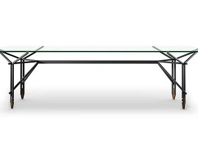 Sleek Glass Top Table With Black Metal Frame And Rolling Wheels Design 3d model