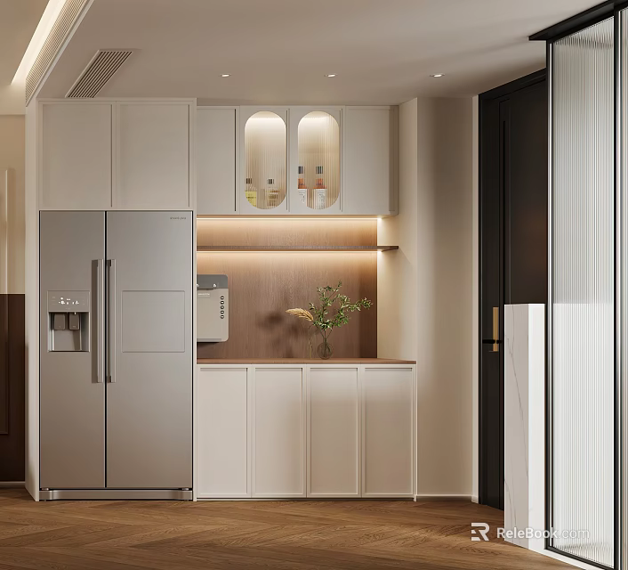 Modern Kitchen Wine Cabinet Design With Glass Doors LED Lighting And White Cabinets 3d model 