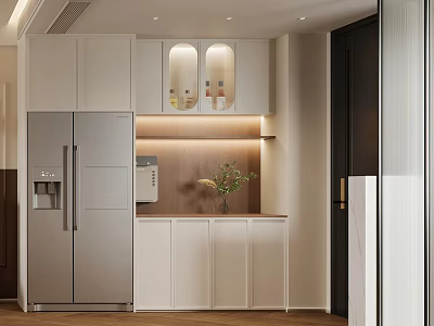 Modern Kitchen Wine Cabinet Design With Glass Doors LED Lighting And White Cabinets 3d model