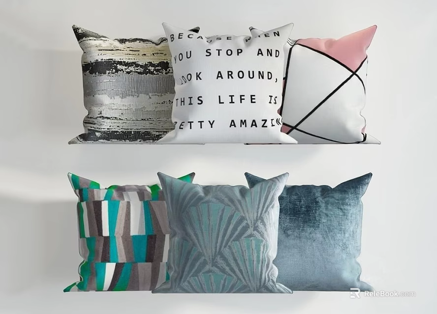 Stylish Decorative Throw Pillows With Geometric Patterns Textured Fabrics And Typography Design 3d model 