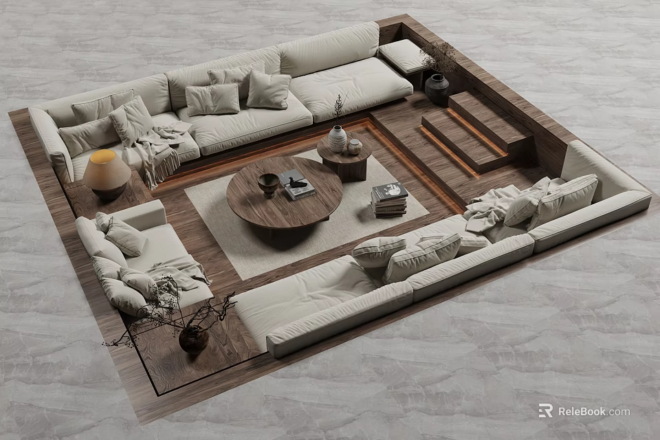 Cozy Modern Leisure Sofa Set With Multiple Pillows Coffee Table And Area Rug 3d model