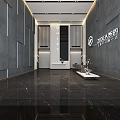 Modern Lobby Front Desk with Marble Floor Gray Walls and Glass Doors