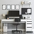 Modern Office Desk Featuring Computer Monitor Certificates Desk Lamp Wall Shelves And Office Chair