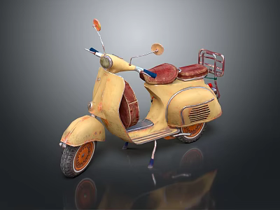 Vintage Yellow Scooter With Brown Leather Seat And Rear Luggage Rack 3d model