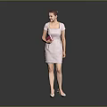 A Woman in Pink Checkered Dress Holding Pink Notebook Standing on Grey Background