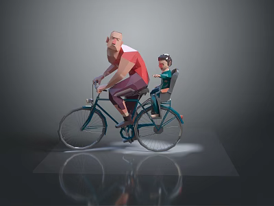 Adult Man And Child Riding Bicycle Together In Simple 3D Rendering Scene 3d model
