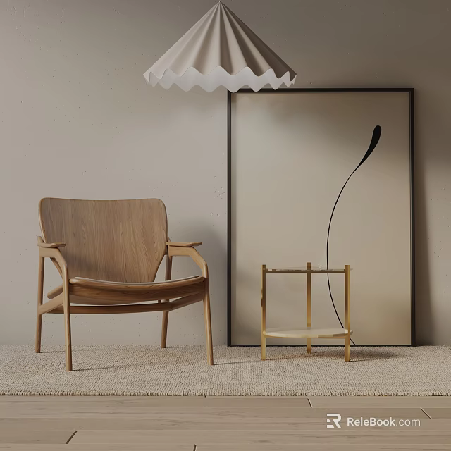Elegant Wooden Lounge Chair With Gold Side Table Black Line Art And White Pendant Light 3d model 