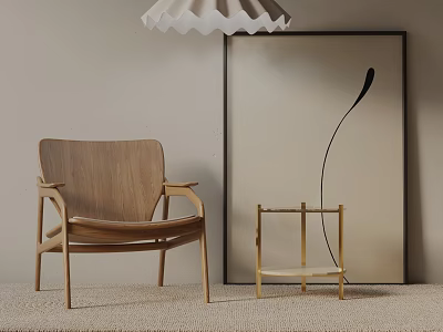 Elegant Wooden Lounge Chair With Gold Side Table Black Line Art And White Pendant Light 3d model