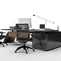 Modern Black Office Desk With Drawer Storage Monitor Desk Lamp And Ergonomic Chairs