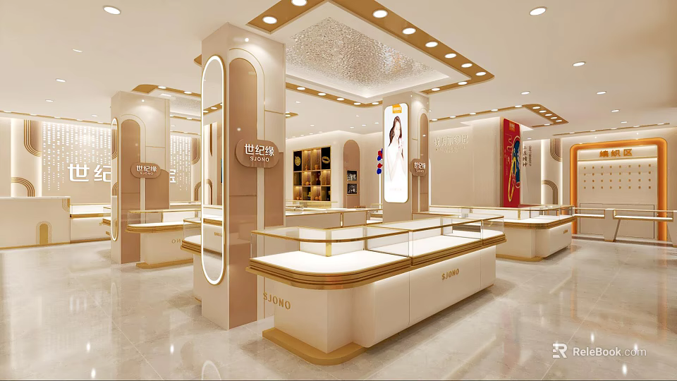 Elegant Jewelry Store Interior Design With Glass Display Cases And Gold Accents 3d model 