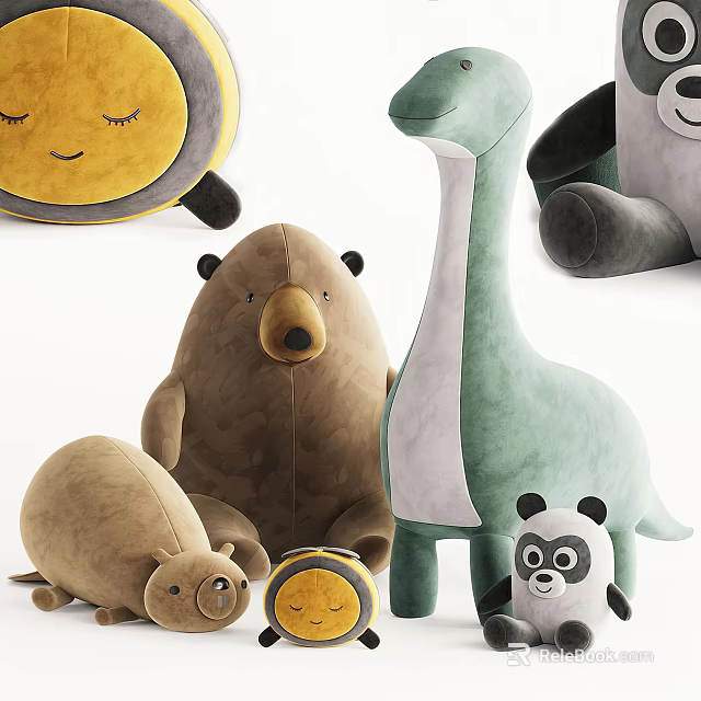Cute Plush Animal Toys Assortment With Bear Dinosaur Panda And More 3d model 