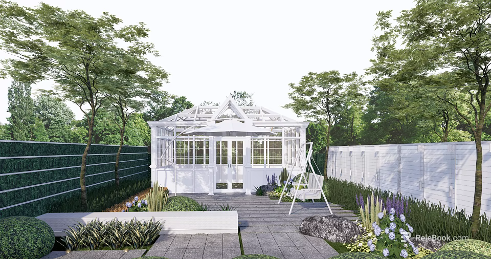 Garden Landscape With White Glass Conservatory Trees Paved Patio And Flowers 3d model 