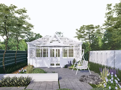 Garden Landscape With White Glass Conservatory Trees Paved Patio And Flowers 3d model