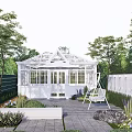 Garden Landscape With White Glass Conservatory Trees Paved Patio And Flowers