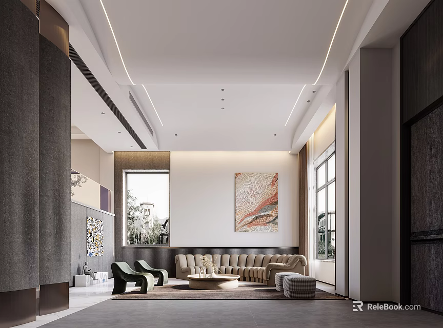 Modern Duplex Living Room Interior Design With Spacious Layout Sofa Coffee Table And Decorative Painting 3d model 