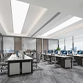 Modern Public Office Space With Workstations Computers Large Windows Office Chairs And Natural Light 3d model
