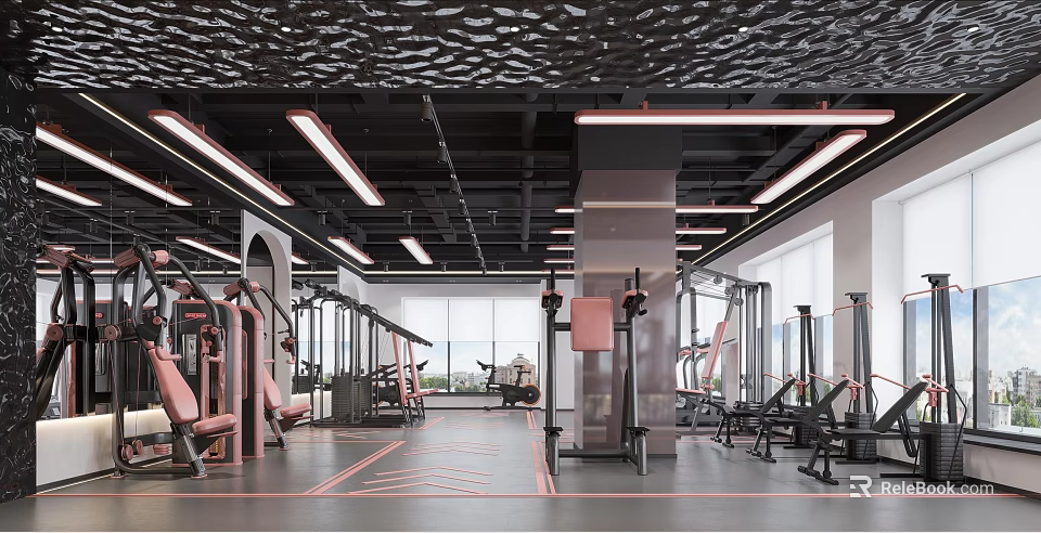 Modern Gym Interior With Pink Fitness Machines Black Ceiling And Lighting 3d model 
