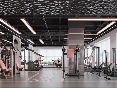 Modern Gym Interior With Pink Fitness Machines Black Ceiling And Lighting 3d model