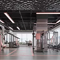 Modern Gym Interior With Pink Fitness Machines Black Ceiling And Lighting