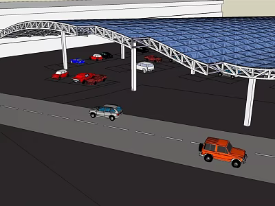 Covered Parking Lot With Arched Roof White Supporting Pillars Cars Parked Adjacent Road 3d model