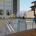 Modern Commercial Complex With Glass Curtain Walls Green Landscaping And Pedestrian Area