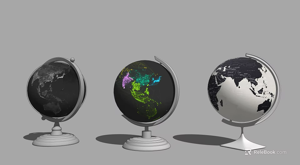 Three Globe Themed Decorative Ornament Set with Diverse Color Patterns and Stand Bases 3d model 