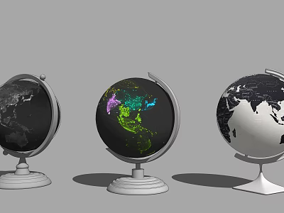 Three Globe Themed Decorative Ornament Set with Diverse Color Patterns and Stand Bases 3d model