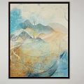 Abstract Painting with Abstract Mountains Single Tree Soft Colors Modern Framed Wall Art Decor