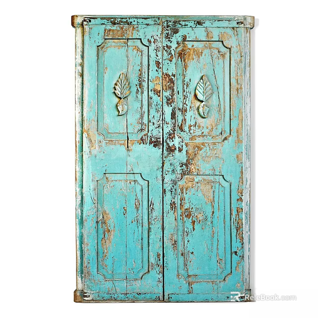 Vintage Blue Wooden Door With Distressed Paint And Carved Leaf Patterns 3d model 