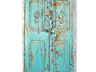 Vintage Blue Wooden Door With Distressed Paint And Carved Leaf Patterns 3d model