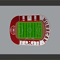 Red Football Stadium Architectural Model Design With Green Pitch And Surrounding Stands