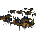 Modern Office Desk Setup With Computer Monitors Potted Plants And Office Chairs