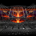 Modern Stage Design With Fiery Backdrop Stage Lights And Audience Seats 3d model