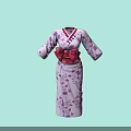 Pink Kimono With Purple Cherry Blossom Print And Red Bow Sash White Trimmed Cuffs