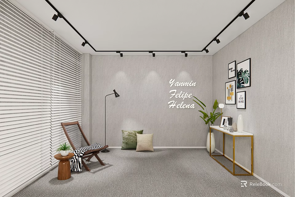 Modern Public Office Space Featuring Gray Walls Track Lights Blinds Floor Lamp And Wall Art 3d model 