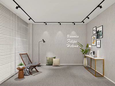 Modern Public Office Space Featuring Gray Walls Track Lights Blinds Floor Lamp And Wall Art 3d model