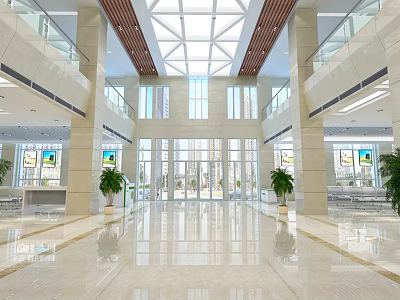 Spacious Modern Service Hall Interior With Bright Skylight Marble Floor And Green Plants 3d model