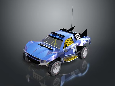 Blue Off Road Rally Car With Large Wheels Antenna Roof Equipment And Number 12 3d model