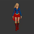 Blonde Superhero Female Character Standing In Blue Top Red Skirt Red Boots With Yellow Emblem