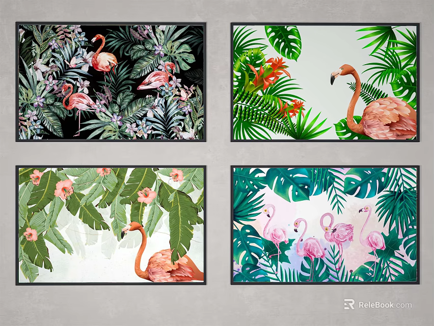 Flamingo Animal Paintings With Tropical Plants Green Leaves And Colorful Flowers 3d model 