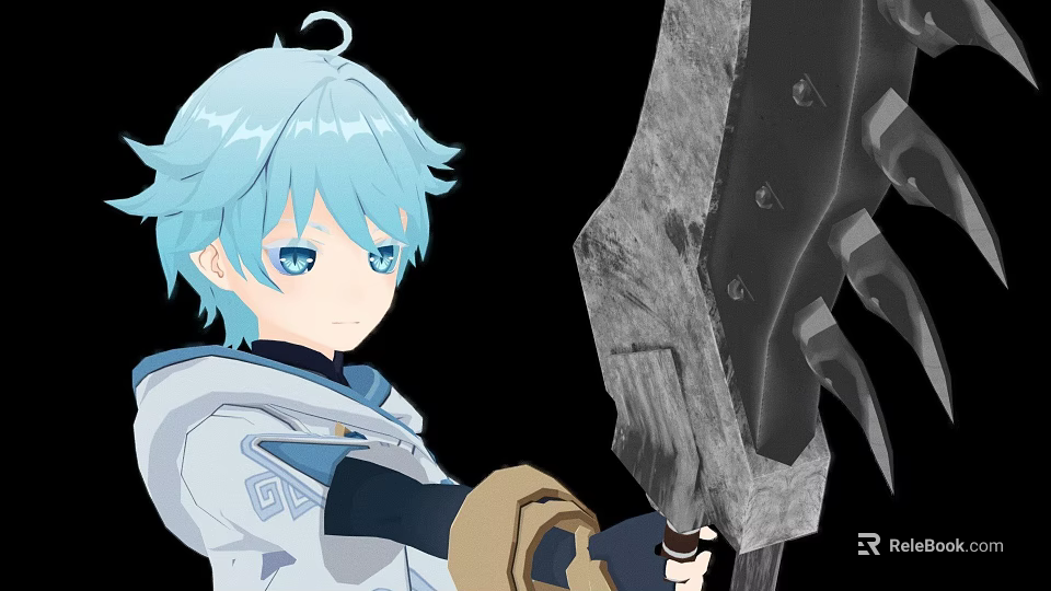Man with light blue hair and blue eyes wearing white coat holding large detailed sword 3d model 