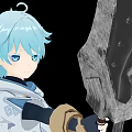 Man with light blue hair and blue eyes wearing white coat holding large detailed sword