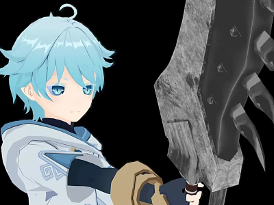Man with light blue hair and blue eyes wearing white coat holding large detailed sword 3d model