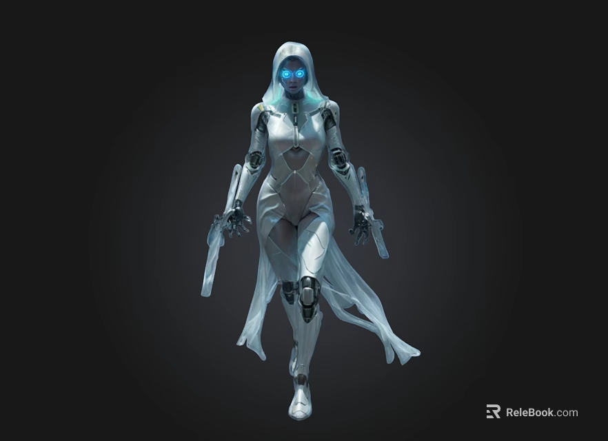 Futuristic Female Robot 3D Model With White Armor Blue Glowing Eyes And Weapons 3d model 